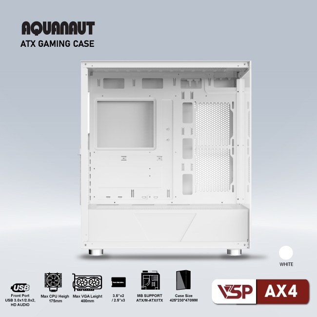 Case gaming Aquanaut AX4 2 mặt kính – Trắng