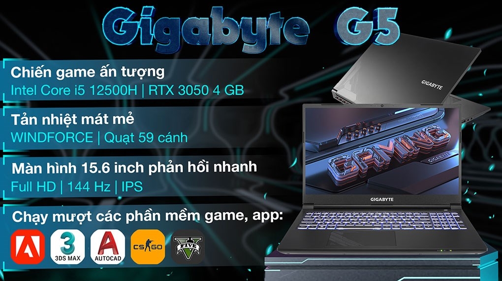 Laptop Gaming Gigabyte G5 GE-51VN263SH i5-12500H | 8GB | 512GB | RTX 3050 4GB | 15.6″ FHD 144Hz | Win 11 (Đen)