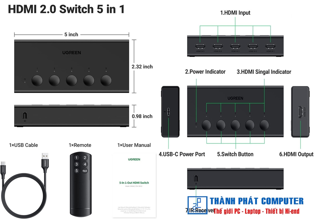 Bộ gộp HDMI 5 vào 1 ra chuẩn 2.0 4K60Hz Ugreen 90512