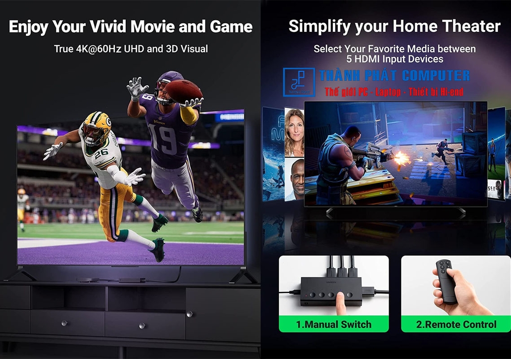 Bộ gộp HDMI 5 vào 1 ra chuẩn 2.0 4K60Hz Ugreen 90512