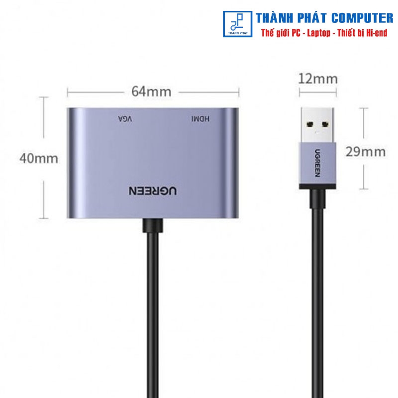 Cáp chuyển đổi USB 3.0 sang HDMI/VGA 1080P60Hz Ugreen 20518