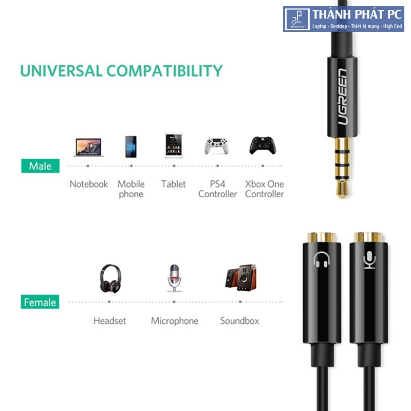 Cáp chia Audio 3.5mm ra 2 đầu 3.5mm Loa và Mic Ugreen 30620