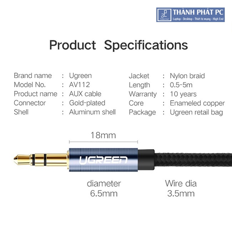 Cáp audio 3.5mm bọc dù dài 0,5m Ugreen 10684