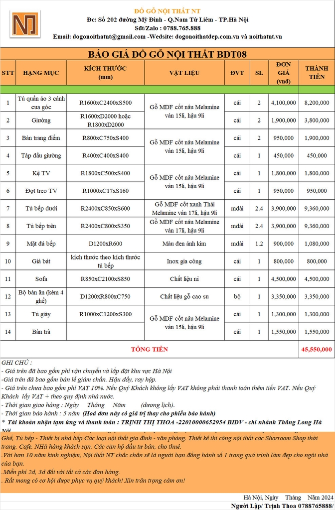 Bộ DTCT08 Trọn Bộ Nội Thất Căn Hộ Đầu Tư Cho Thuê Giá Rẻ