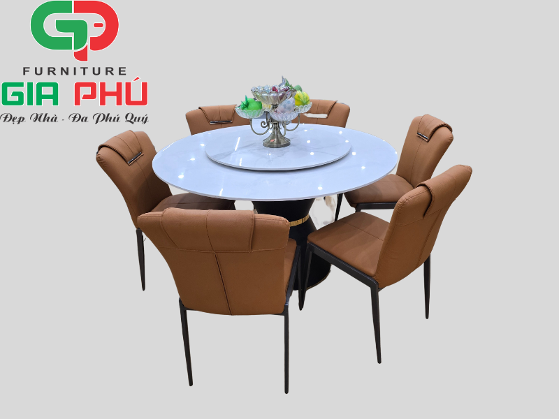 Bàn ăn tròn mặt đá kèm 6 ghế Moris banantron2