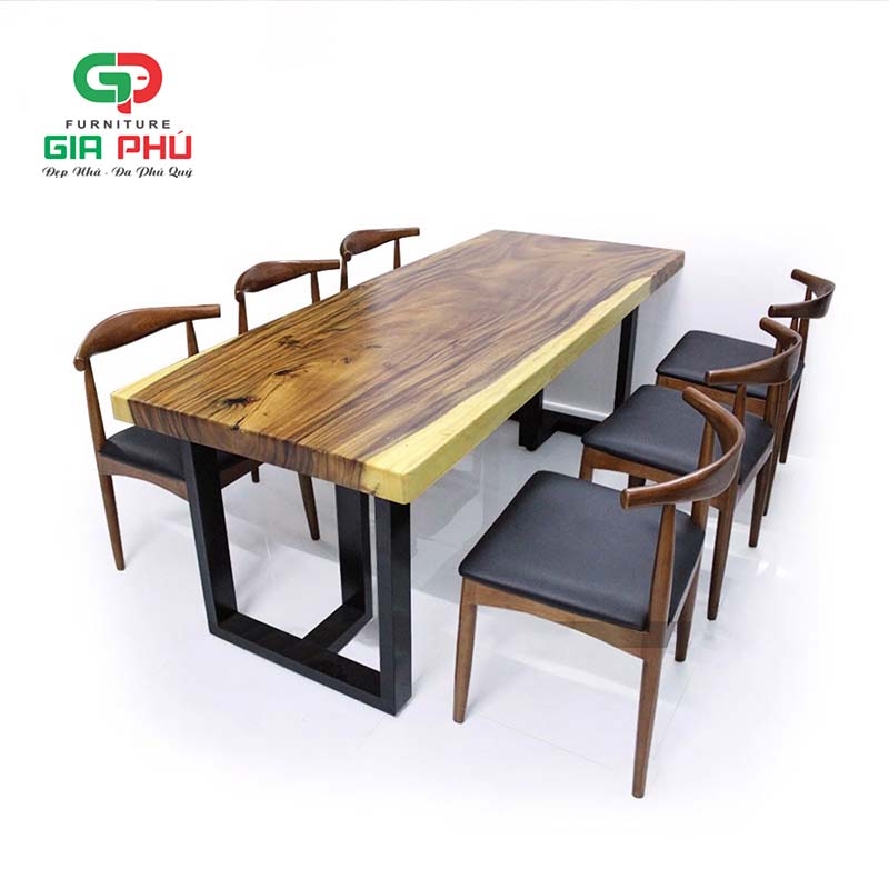Bộ bàn ăn gỗ me tây nguyên tấm 6 ghế bull gỗ - BBG26