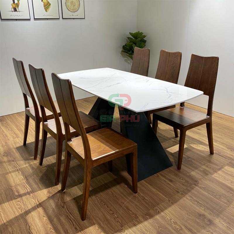 Bộ bàn ăn mặt đá chân sắt 6 ghế gỗ tần bì - BBG38