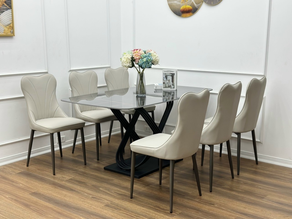 Bộ bàn ăn 6 ghế chân sắt ghế nệm ghế heart - Nội thất Gia Phú