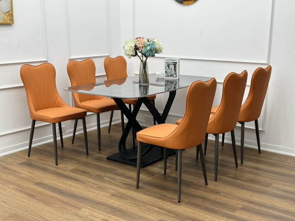 Bộ bàn ăn 6 ghế chân sắt ghế nệm ghế heart - Nội thất Gia Phú