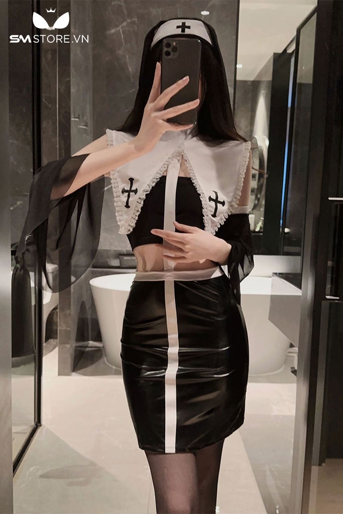 SMS356 - cosplay sơ ôm body gợi cảm với áo và chân váy da sexy