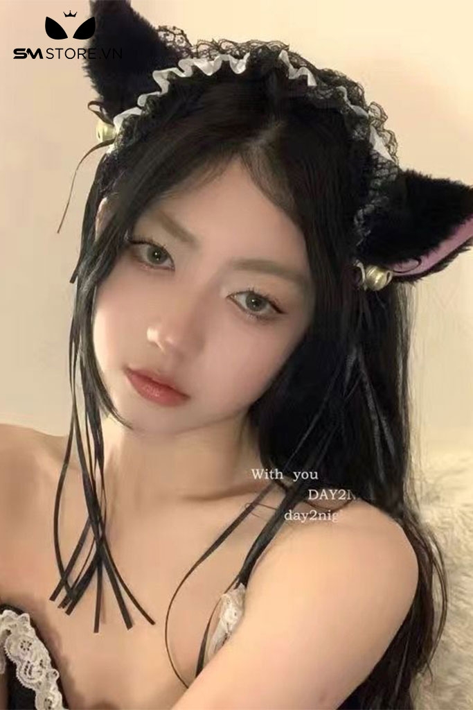 SMP099 - Bờm tai mèo gắn chuông, thiết kế băng đô ren có dây