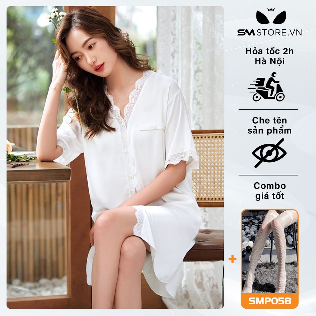 SMS021 - Xuyên thấu áo sơ mi trắng mặc ngủ vải mỏng dáng dài gợi cảm
