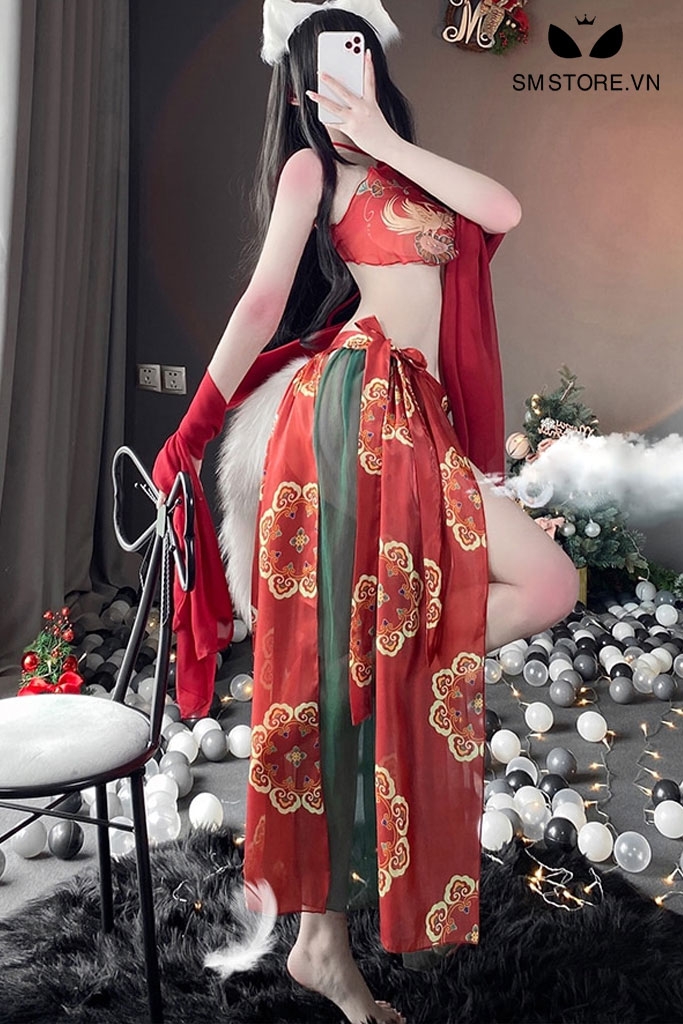 SMS083 - Cosplay mèo hồ ly với áo yếm hở lưng siêu mỏng xuyên thấu