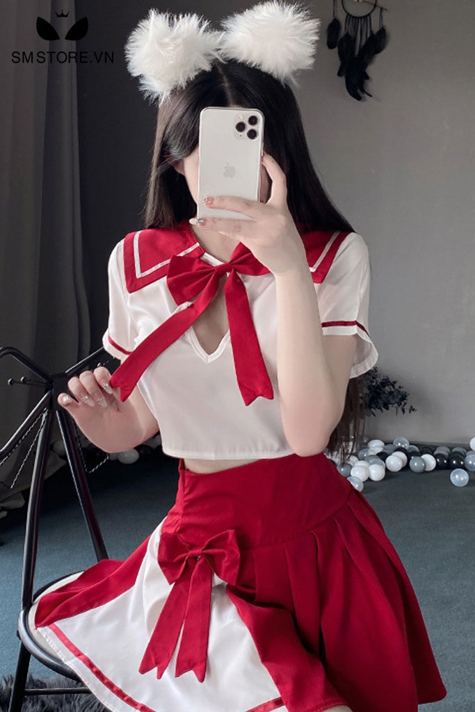 SMS116 - Đồng phục nữ sinh cosplay áo hở lưng mix váy xòe sexy