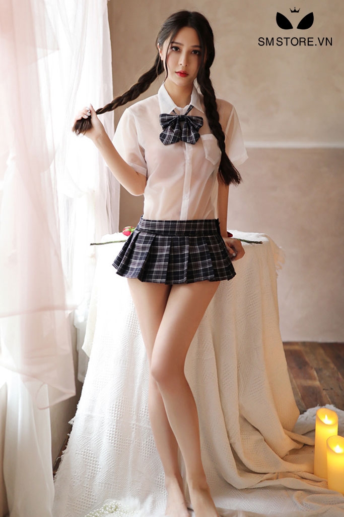 SMS120 - Đồ học sinh cosplay áo sơ mi trong suốt với chân váy sexy