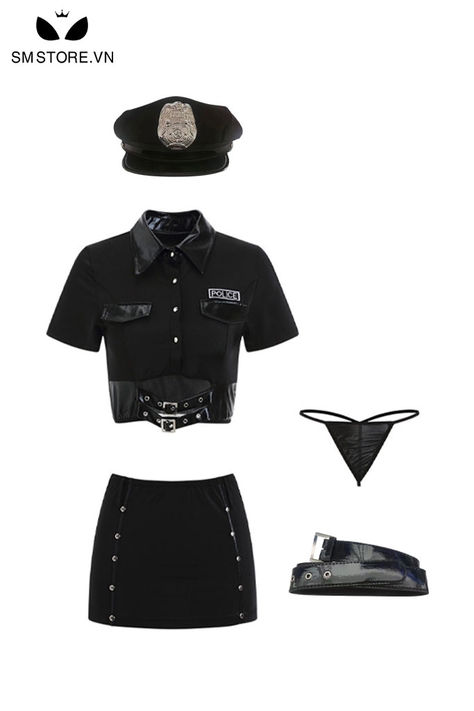 SMS123 - Cosplay cảnh sát áo sơ mi croptop có đai và chân váy ngắn