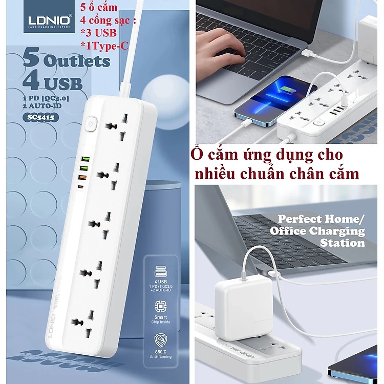 Ổ cắm điện đa năng LDNIO SC5415 5 cổng AC 3 cổng USB 1 cổng Type C PD20W 2500W dài 2m màu trắng