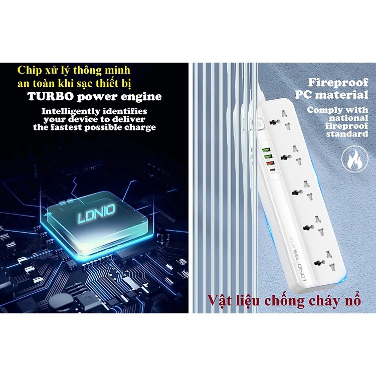 Ổ cắm điện đa năng LDNIO SC5415 5 cổng AC 3 cổng USB 1 cổng Type C PD20W 2500W dài 2m màu trắng