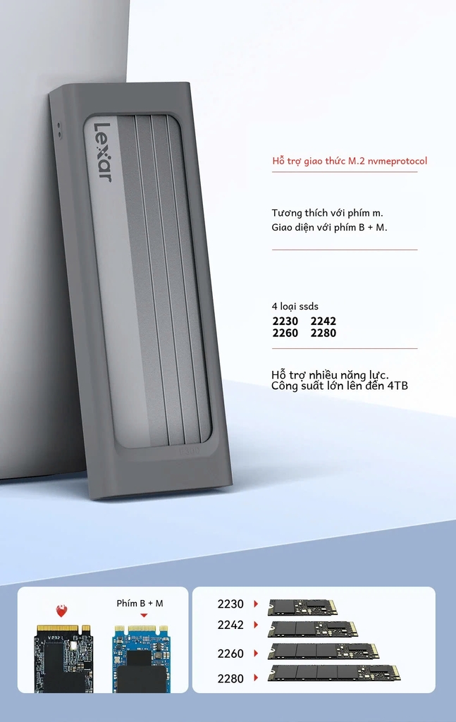 Hộp(Box) đựng ổ cứng M2 NVME Lexar E300 Cổng Type C 10Gbs biến ổ cứng NVME thành ổ cứng di động