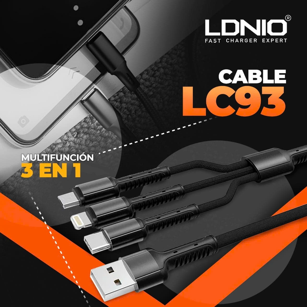 Cáp sạc điện thoại 3 đầu Ịphone /Type C / Micro B LDNIO LC93 cổng USB dài 1.2m màu xám