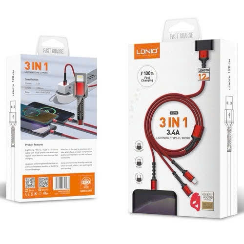 Cáp sạc điện thoại 3 đầu Ịphone /Type C / Micro B LDNIO LC93 cổng USB dài 1.2m màu xám
