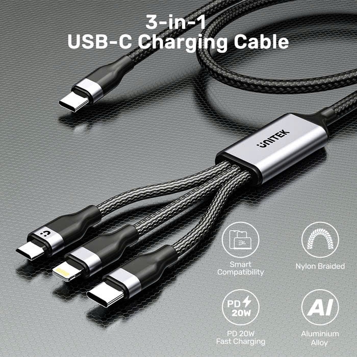 Unitek Cáp sạc điện thoại Type C sang 3 đầu Iphone/Type C/Micro B Unitek C14101AGY 20W dài 1.5m màu xám
