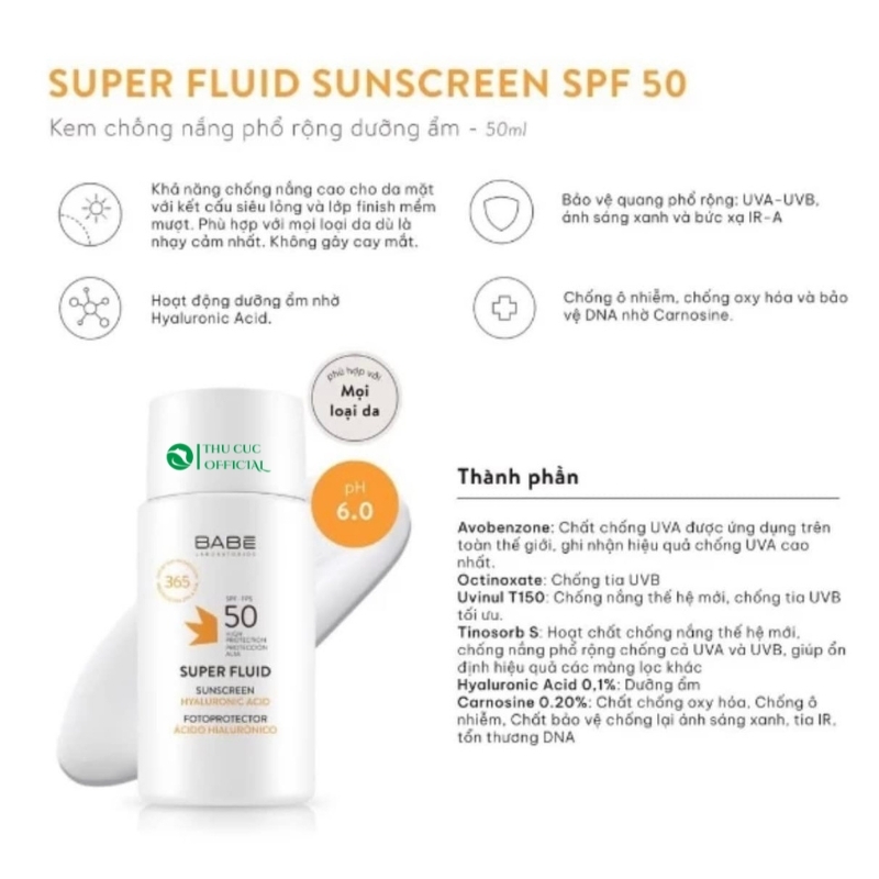 Kem chống nắng Babe Super Fluid Depigment SPF50 50ml cho da nhạy cảm