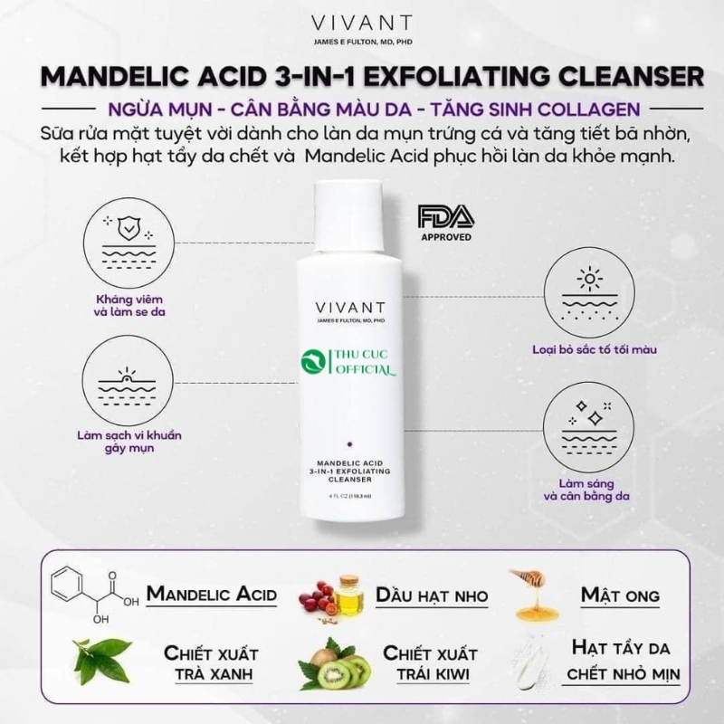Sữa rửa mặt Vivant Mandelic Acid 3-in-1 Wash 115ml - sạch sâu, dịu nhẹ