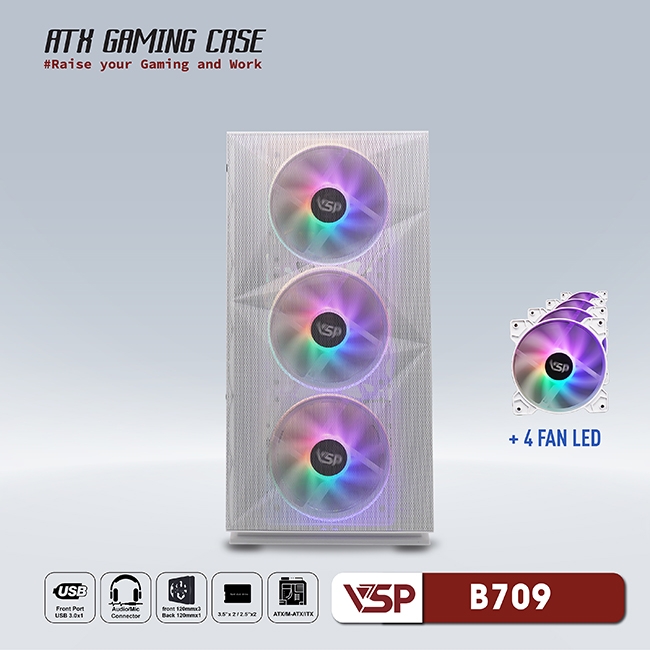 Thùng Máy Vi Tính VSP GAMING Mid Tower B709 - White + 4 Fans Led