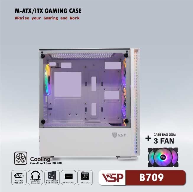 Vỏ Case Máy Tính VSP Gaming Mid Tower B709 - Trắng + 3 Fans Led