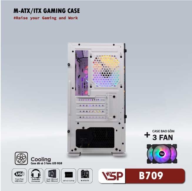 Vỏ Case Máy Tính VSP Gaming Mid Tower B709 - Trắng + 3 Fans Led