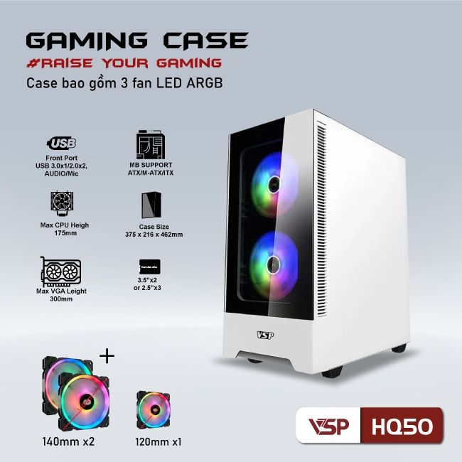Case VSP HQ50 trắng (3Fan led ARGB)