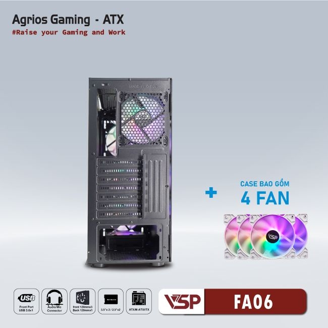 Case VSP Gaming FA06 trắng (4Fan led)