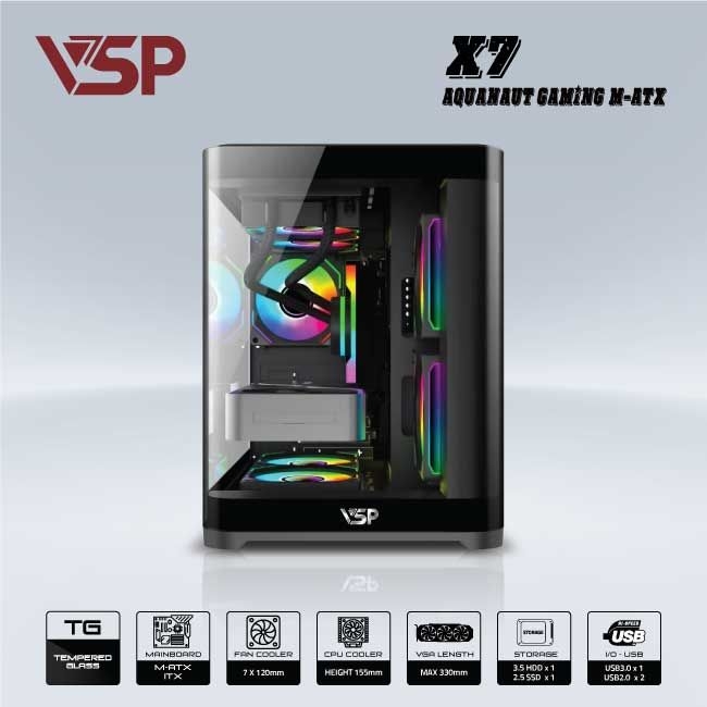 VỎ CASE MÁY TÍNH VSP GAMING X7 M-ATX - ĐEN AQUANAUT PRO