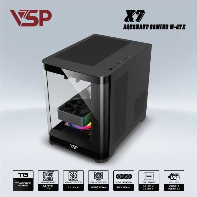 VỎ CASE MÁY TÍNH VSP GAMING X7 M-ATX - ĐEN AQUANAUT PRO