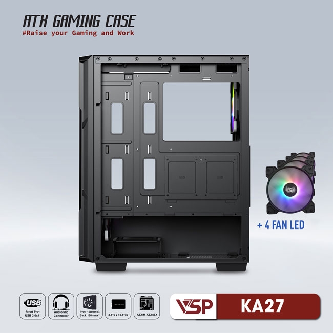 VỎ CASE MÁY TÍNH VSP GAMING KA27- Đen + 4Fans Led