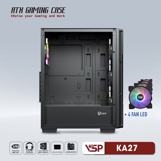 VỎ CASE MÁY TÍNH VSP GAMING KA27- Đen + 4Fans Led