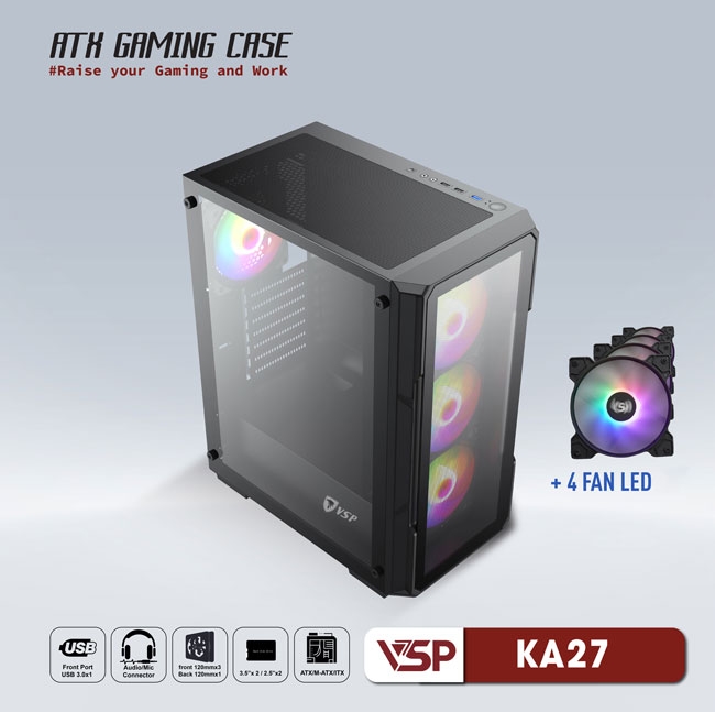 VỎ CASE MÁY TÍNH VSP GAMING KA27- Đen + 4Fans Led