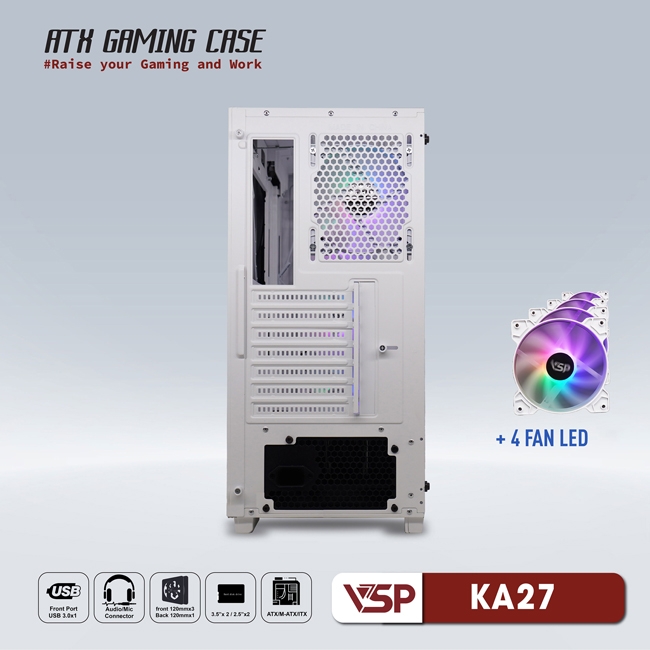 VỎ CASE MÁY TÍNH VSP GAMING KA27- Trắng + 4Fans Led