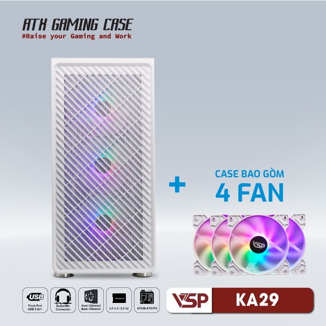 Case VSP Gaming KA29 Trắng 4Fan LED