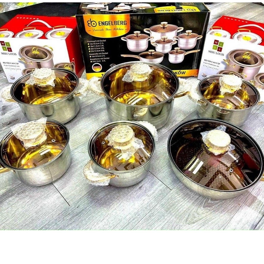 Bộ nồi Đức ENGELBERG cao cấp 6 đáy, 12 chi tiết hàng cao cấp bảo hành trọn đời