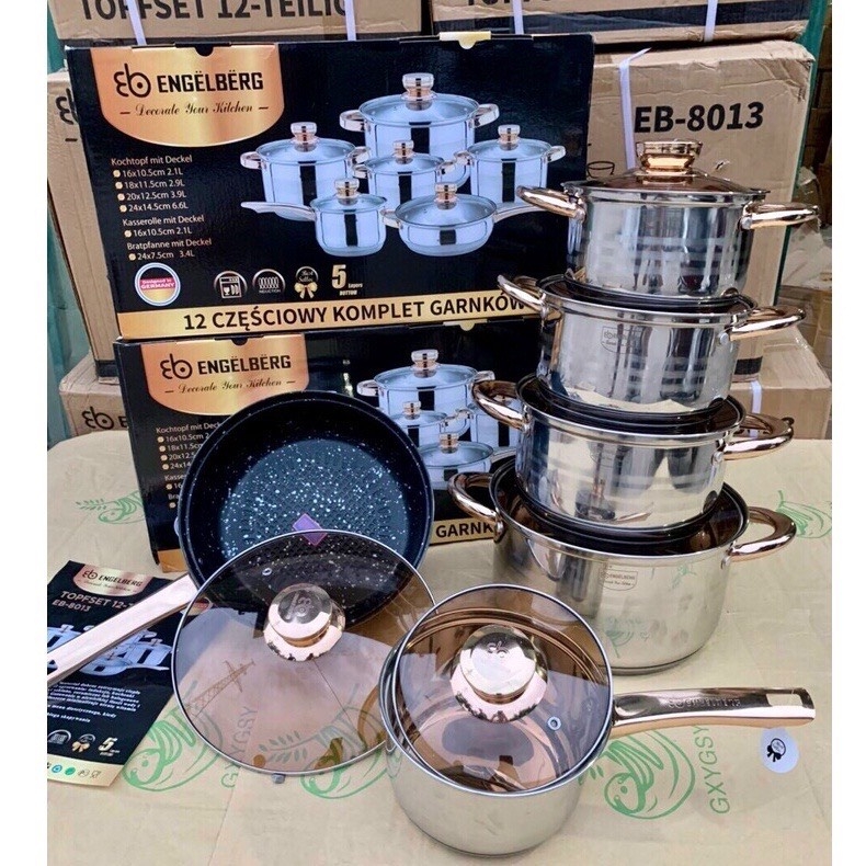 Bộ nồi Đức ENGELBERG cao cấp 6 đáy, 12 chi tiết hàng cao cấp bảo hành trọn đời