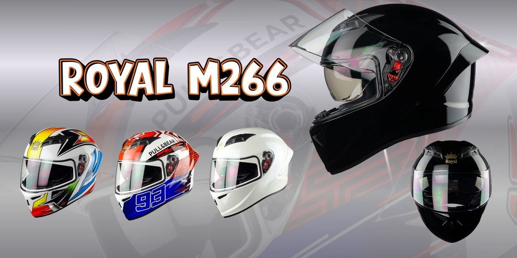 Banner mũ bảo hiểm Royal M266 fullface 2 kính – các màu đen bóng, trắng bóng, tem 93 và Dragon Boy – chính hãng Royal Helmet.