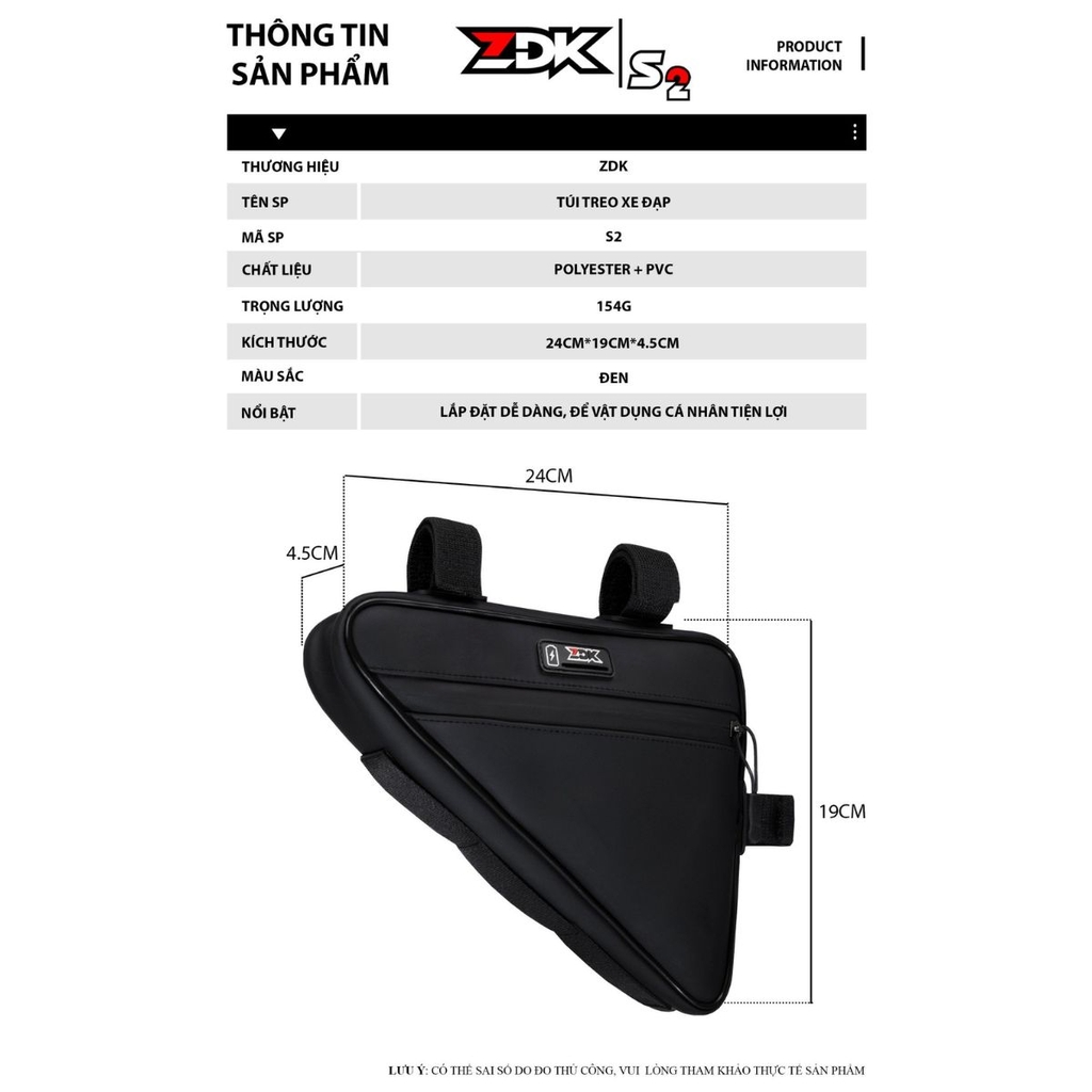 Túi Treo Xe Đạp ZDK S2 Chính Hãng – Thiết Kế Tam Giác, Kháng Nước, Dây Dán Velcro Cố Định Chắc Chắn