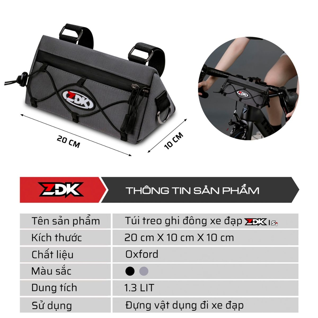 Túi Treo Ghi Đông Xe Đạp ZDK S8 Chính Hãng – 1.3L Gọn Nhẹ, Vải Oxford Chống Trầy, Chống Nước, Dễ Lắp Đặt