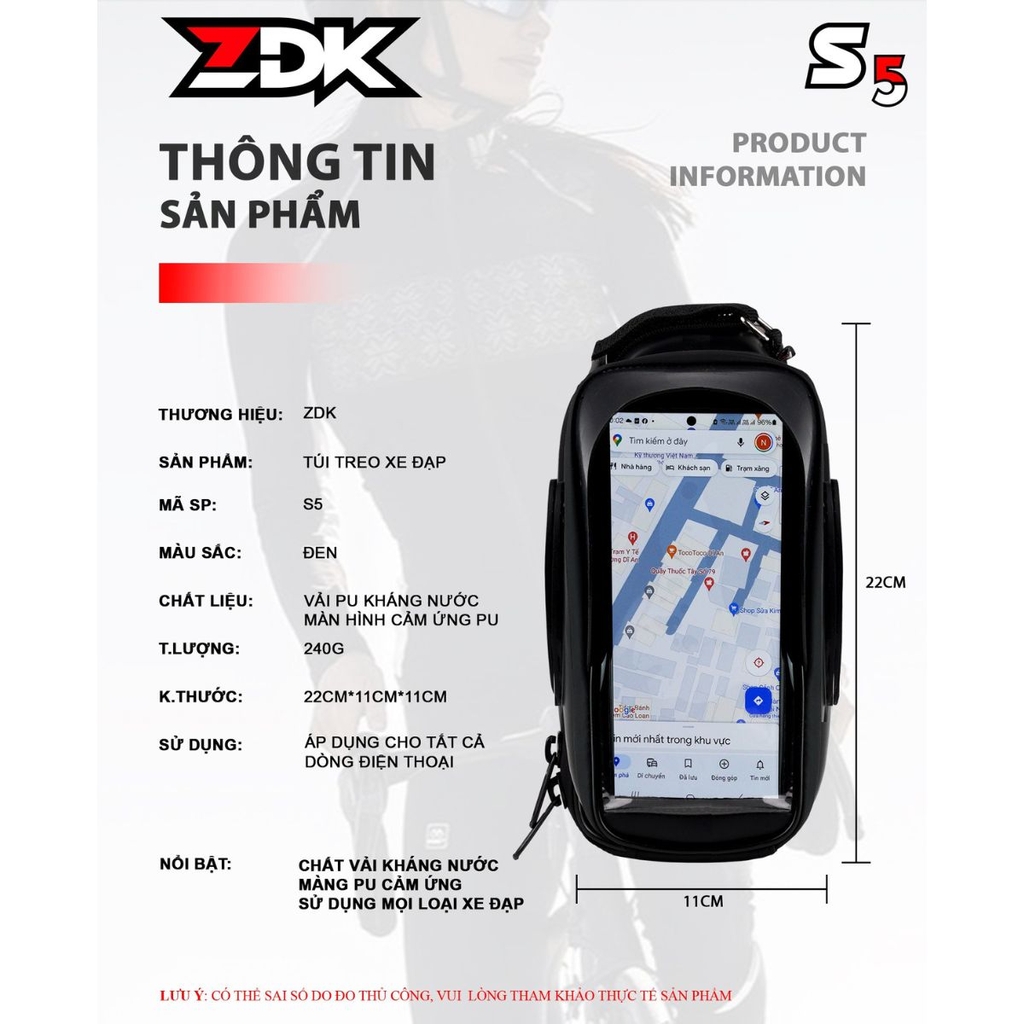 Túi Treo Xe Đạp ZDK S5 Chính Hãng – Da PU Kháng Nước 100%, Màn Cảm Ứng 6.8 Inch, Thiết Kế Thể Thao Sang Trọng