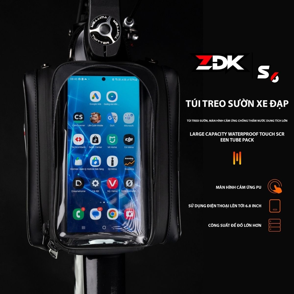 Túi Treo Sườn Xe Đạp ZDK S6 Chính Hãng – 3 Ngăn Lớn, Màn Cảm Ứng PU, Chống Nước Tốt, Thiết Kế Thể Thao