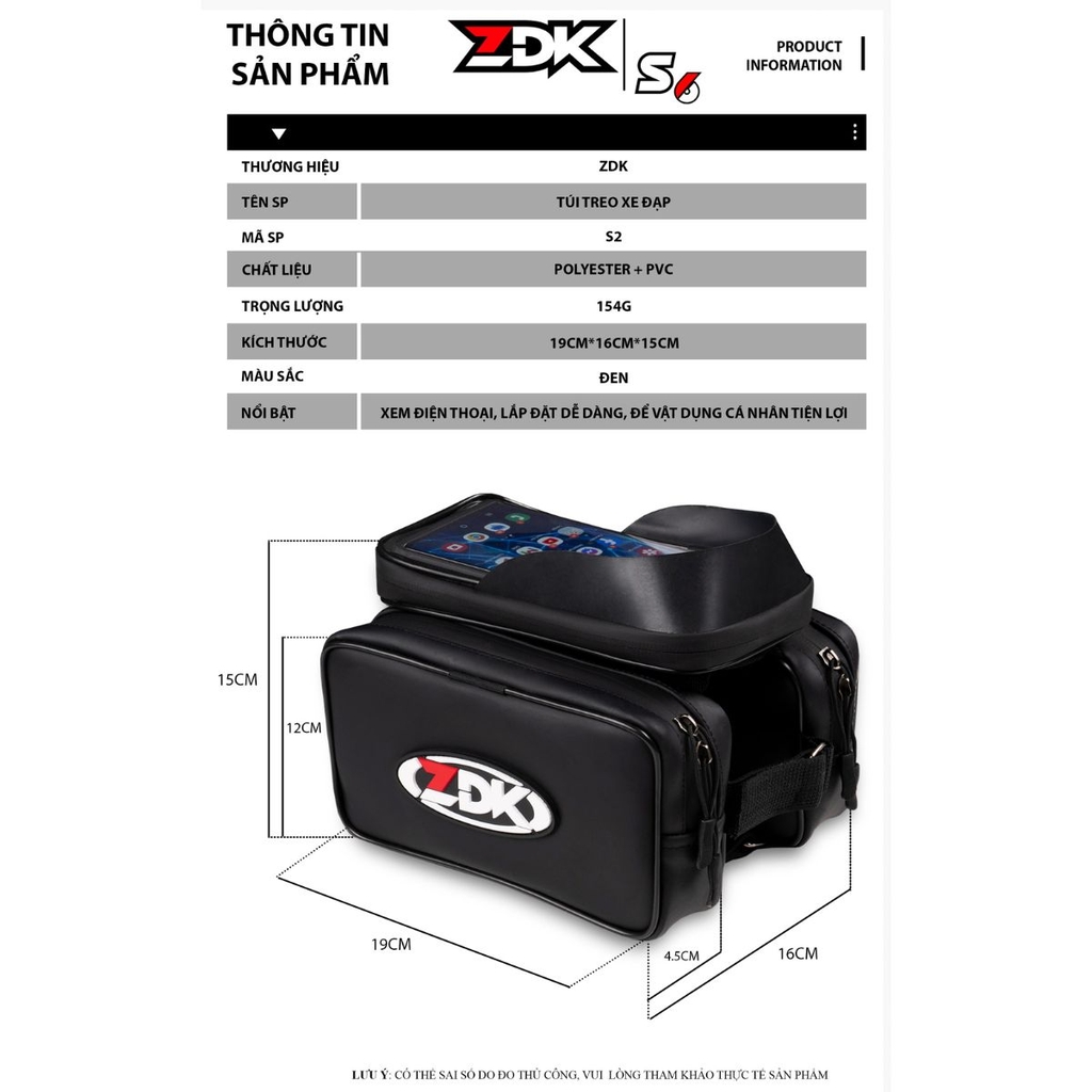 Túi Treo Sườn Xe Đạp ZDK S6 Chính Hãng – 3 Ngăn Lớn, Màn Cảm Ứng PU, Chống Nước Tốt, Thiết Kế Thể Thao