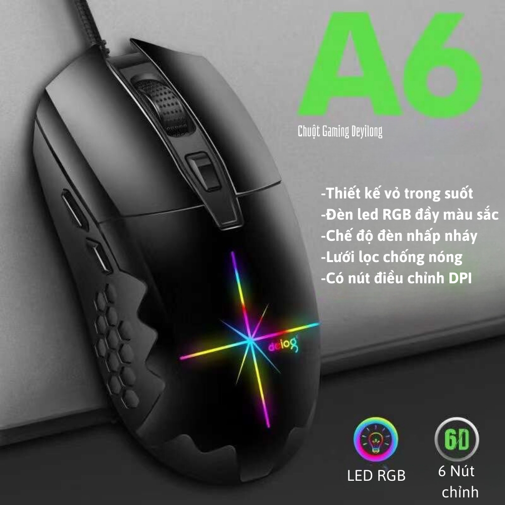 Chuột gaming silent chính hãng Deiog A6 DPI 16000 led rgb 6 nút điều chỉnh quang học