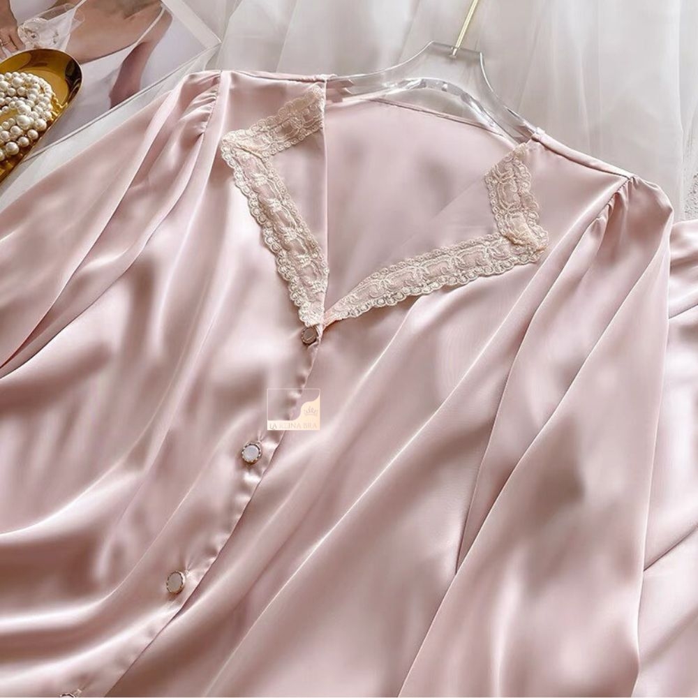 Bộ ngủ pyjamas lụa satin cao cấp hồng ren